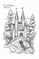 castle in forest medieval knights fightig black metal style tattoo design idea