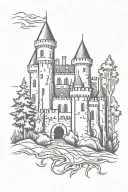 castle in forest medieval knights fightig black metal style tattoo design idea