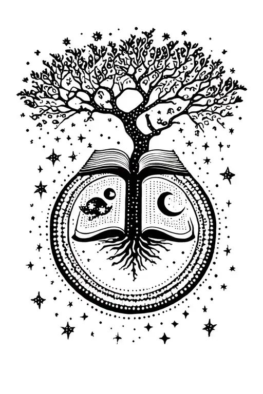 Tree of life with an open book above its crown, a moon drawn from dots in the background, many stars and sparkles around tattoo design idea