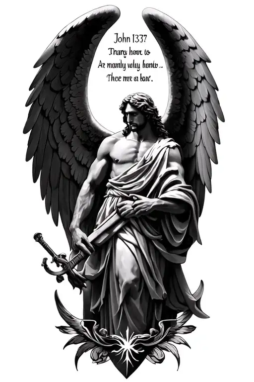 fore arm tattoo, archangel michael, Christian themes and lettering (John 13:7) tattoo design idea