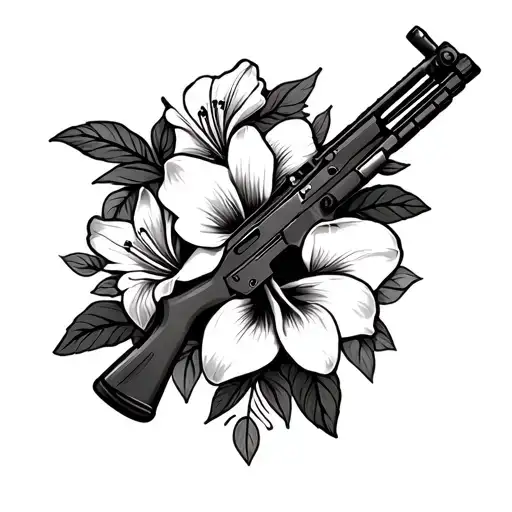 Ak47 outline with mexi Cali Lilly blooming tattoo design idea