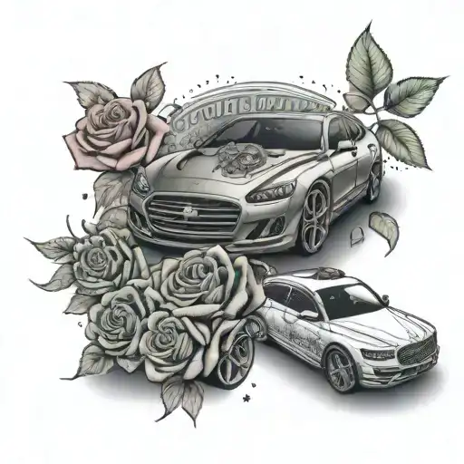 An intricate tattoo of a successful car salesperson surrounded by roses and dollar signs, showcasing the love for success and luxury, with dotwork detailing for a unique look tattoo design idea