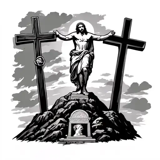 leg sleeve. Jesus on top of leg with 3 cross underneath on hill with tomb on knee tattoo design idea