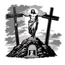 leg sleeve. Jesus on top of leg with 3 cross underneath on hill with tomb on knee tattoo design idea