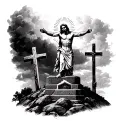 leg sleeve. Jesus on top of leg with 3 cross underneath on hill with tomb on knee tattoo design idea