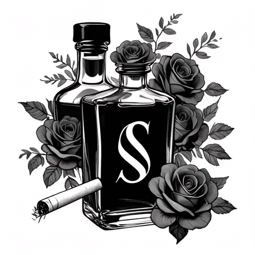 cigarette and small whiskey bottle with the initial S in the center of bottle with roses  tattoo design idea