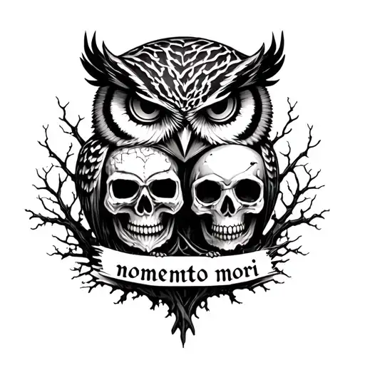 an owl and skull with writing"momento mori" surrounded by a poison tree  tattoo design idea