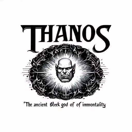  writing in ancient greek alphabet "thanos" and a writing below it that says “the ancient greek god of immortality  tattoo design idea