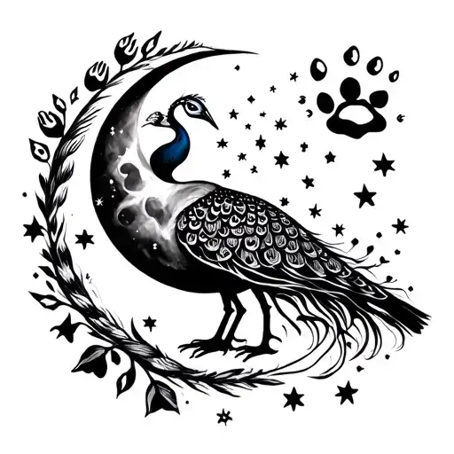 moon and stars, peacock, paw prints, scorpio star sign 31,10,2010, virgo star sign 27,08,2022 tattoo design idea