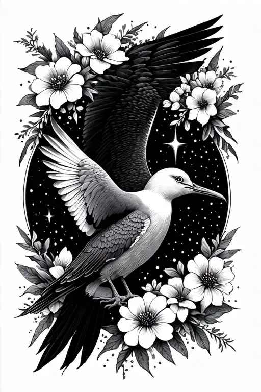 albatross bird, flowers surrounding, stars shining tattoo design idea