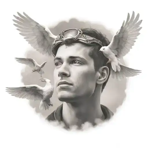 brothers face with halo on top of his head with clouds and doves flying around tattoo design idea