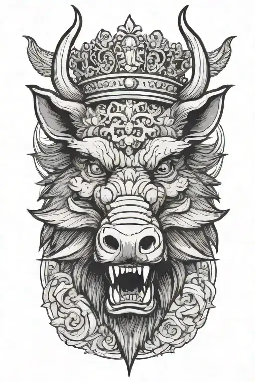 angry boar head wearing a crown with wings and sword and a cloud background tattoo design idea