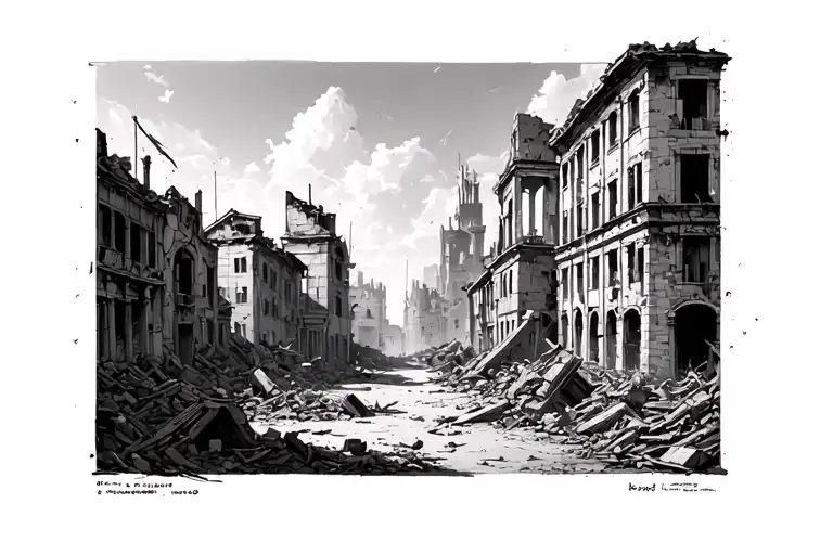 An ancient Roman-inspired cityscape, surrounded by ruins and the echoes of destruction. Perspective from the street. tattoo design idea