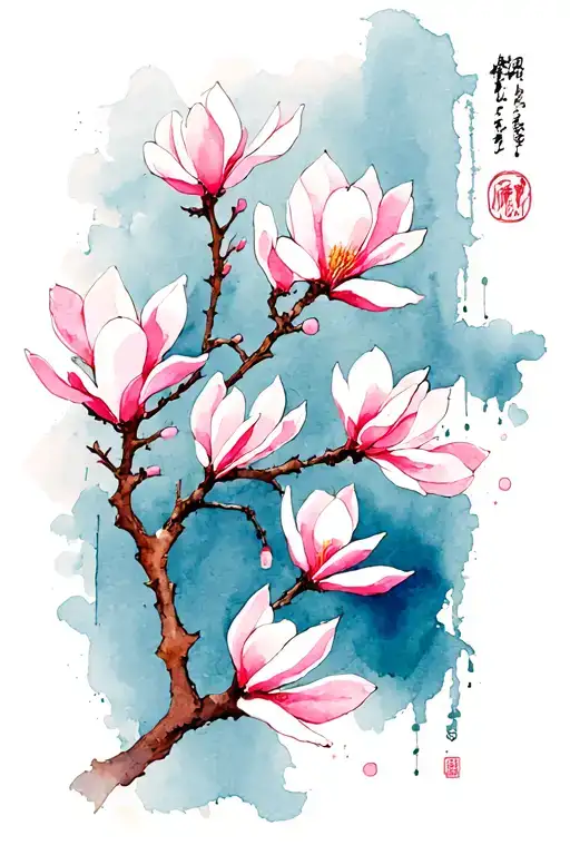 A Japanese-inspired illustration featuring a delicate branch adorned with vertically arranged soft pink magnolia blossom tattoo design idea