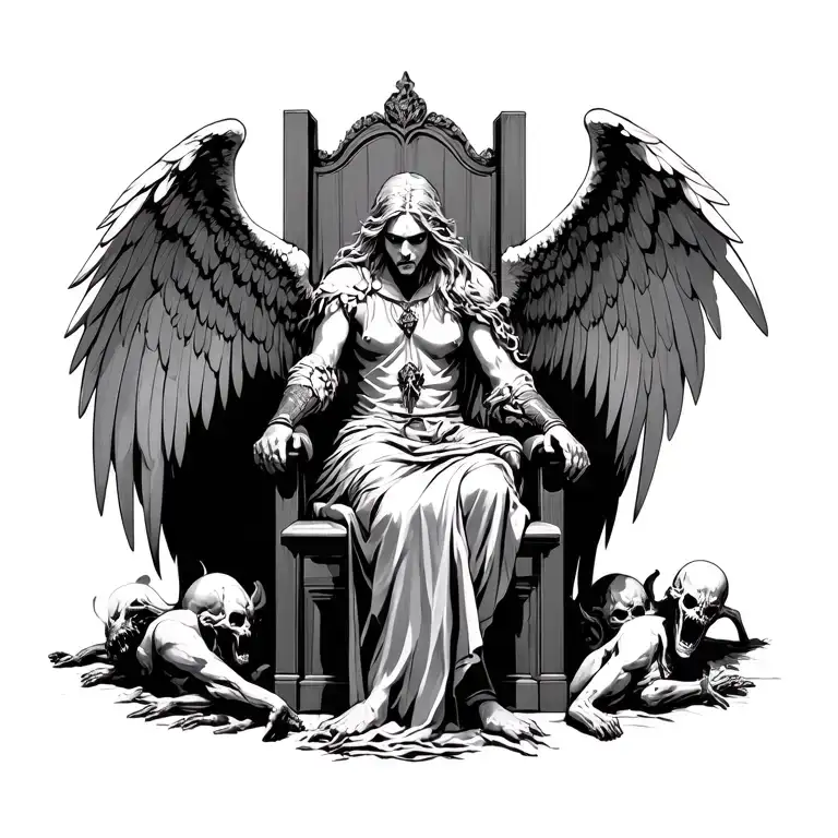 Angel warrior sitting on throne in a dark room surrounded by dead demon corpses tattoo design idea