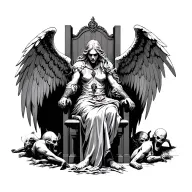 Angel warrior sitting on throne in a dark room surrounded by dead demon corpses tattoo design idea