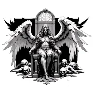 Angel warrior sitting on throne in a dark room surrounded by dead demon corpses tattoo design idea
