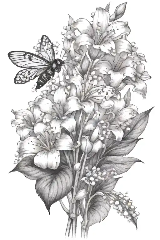 lily of the valley gladiolus lotus flowers bloominwith bee flying towards living tattoo design idea
