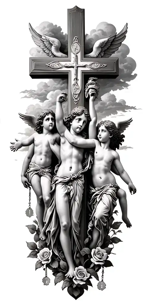 large cross at the top with cherubs at either side and wings at the top. clouds, Adam & Eve, roses and rosary beads tattoo design idea