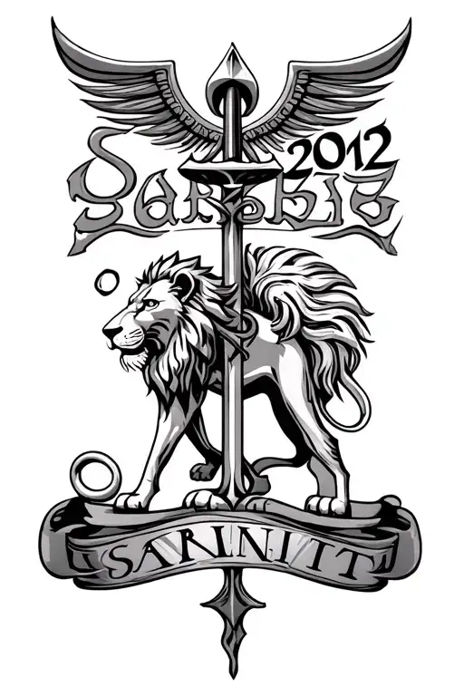 khanda with lion and roman numerals 2007 with the name sarbjit tattoo design idea