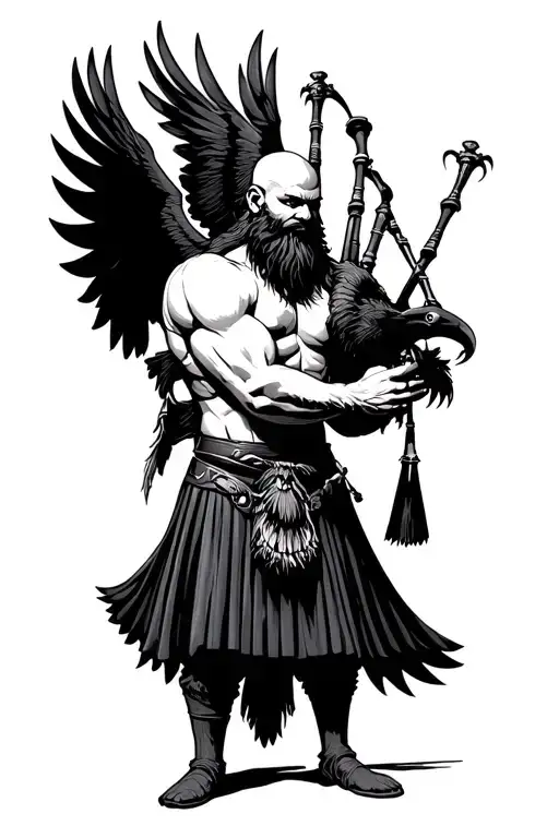 muscular bagpiper bald black beard black huge wings on his back playing the bagpipes flying crow with claws tattoo design idea