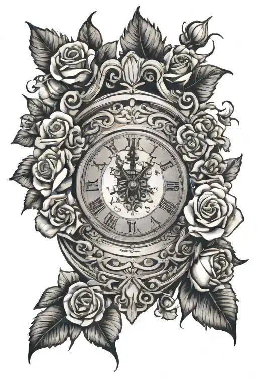 Greek clock with roses and tattoo design idea