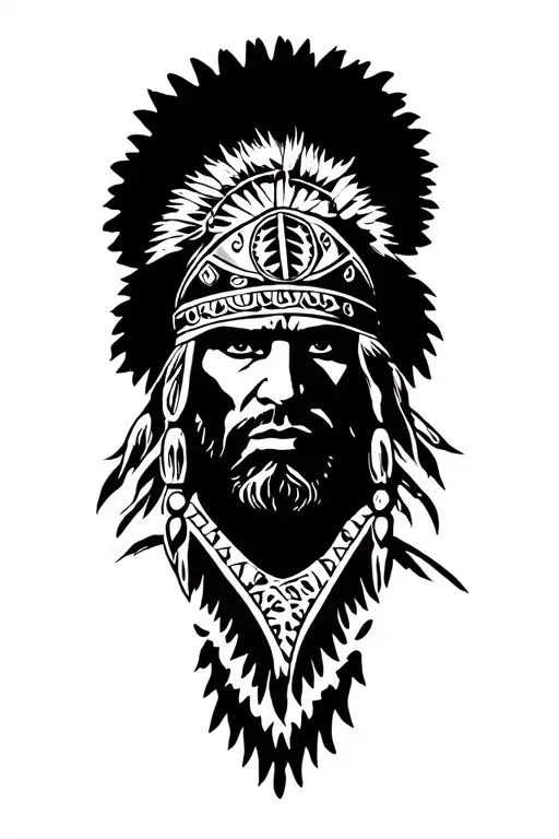 A Beach Scene with mexican warrior overlooking Spanish conquistador boats arriving to shore tattoo design idea