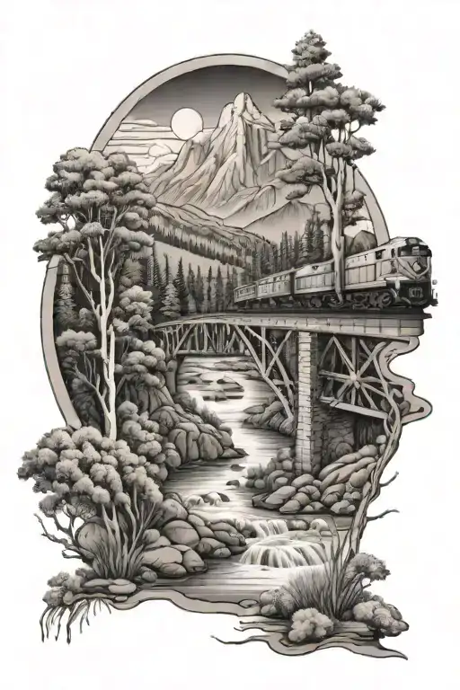 downstream creek with trees and mountains with railway bridge and train tattoo design idea