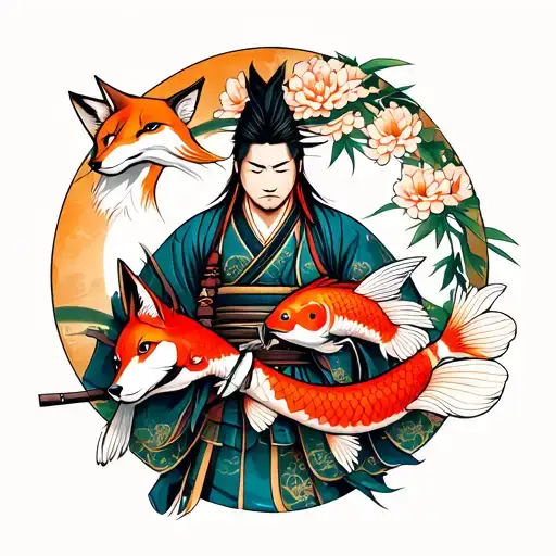 samurai with fox and koi fish and Chrysanthemums flower and bamboo tattoo design idea