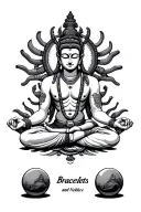 "Bracelets and necklace spheres" a being inspired by Buddhist gods that is muscular and is sitting cross-legged meditating and have 6 arms tattoo design idea