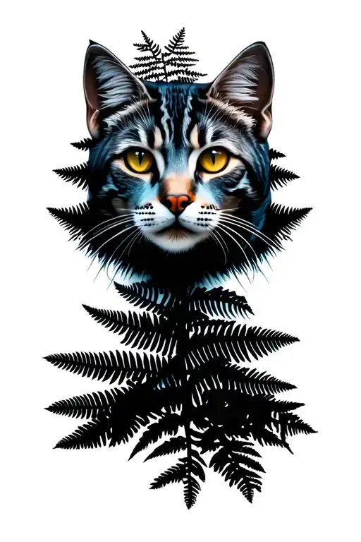 germany black forest, fir trees, ferns, wild cat face, mountains tattoo design idea
