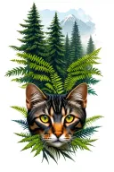 germany black forest, fir trees, ferns, wild cat face, mountains tattoo design idea