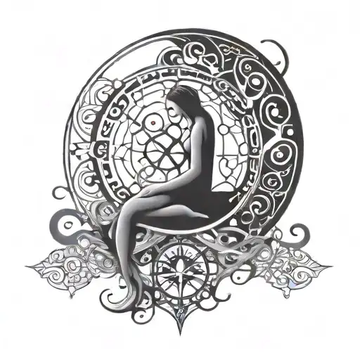 A tattoo design inspired by the concept of impermanence and dark energy, featuring the black moon lilith symbol and abstract art elements, reflecting the engineer's passion for deep thought tattoo design idea