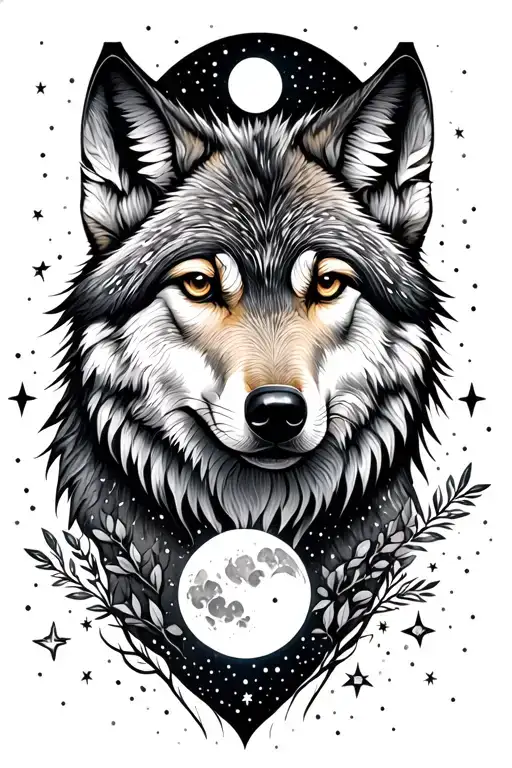pretty realist wolf, fine lines, star, moon, dots tattoo design idea