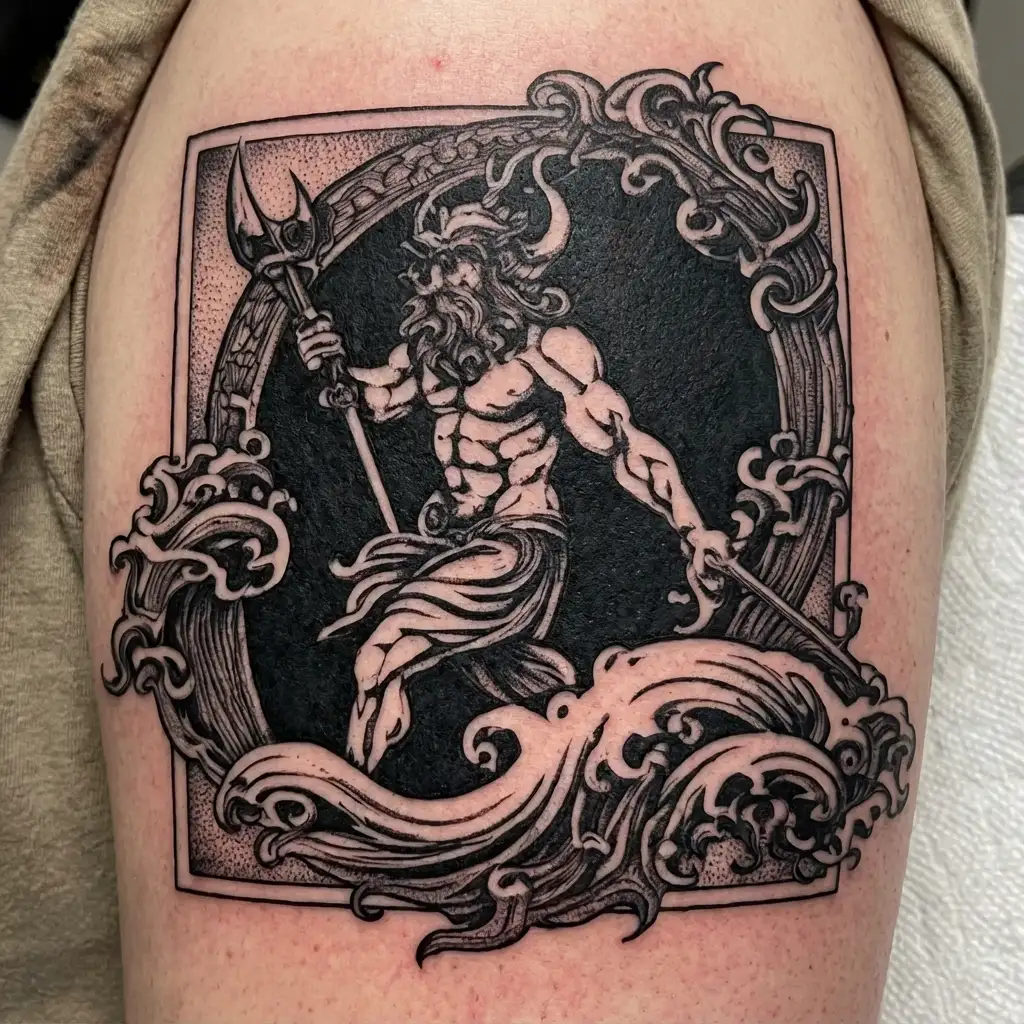 A dotwork tattoo of Poseidon holding a trident with waves crashing around him tattoo design idea