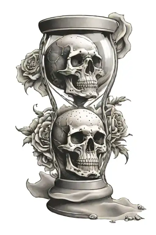 an hourglass filling with sand and a skull inside catching the sand by its hands as it falls through tattoo design idea