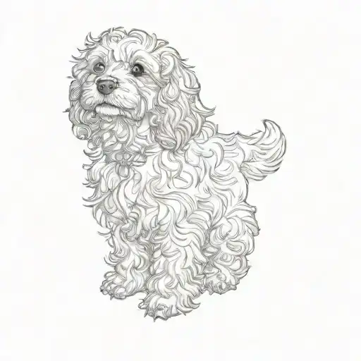 a delicate, fine lined tattoo of a cavoodle sitting upright in a side profile, with its head tilted upward, 2d  tattoo design idea