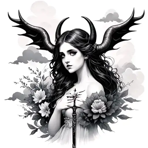 lucifer with horns, beautiful girl, dark clouds and flowers w a dagger to her heart. she loved him tattoo design idea