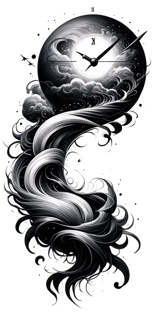 spiral, swirl, clouds, planet, space, time, woman tattoo design idea