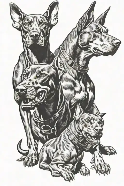 three scary blood thirsty dobermans tattoo design idea