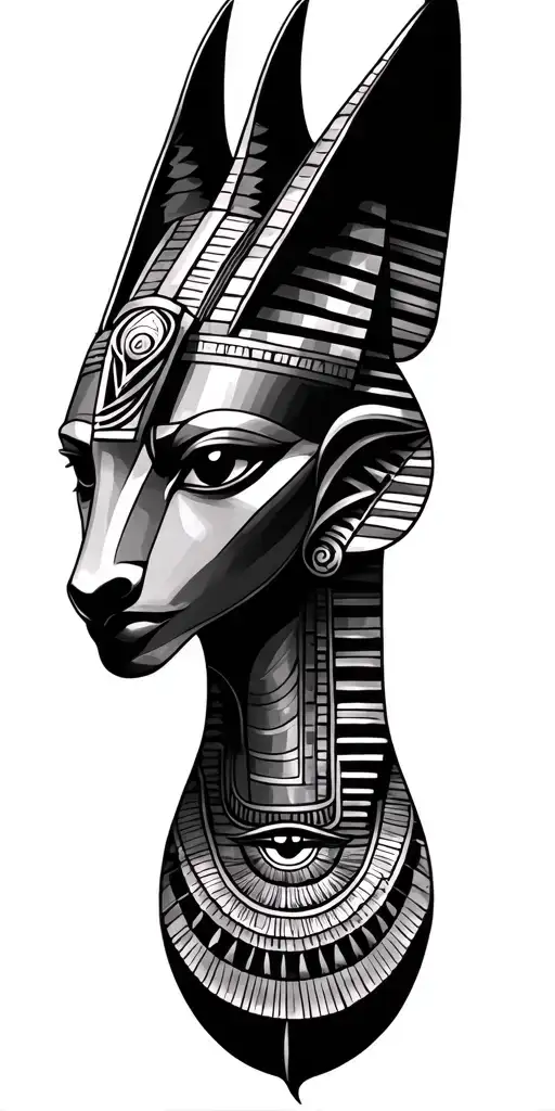 a totem style tattoo with ancient egyption symbols - an anubis head, scarab, a mummy's head, eye or Ra, all flowing in tattoo design idea