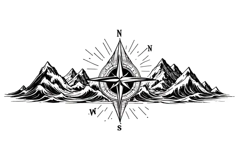 large compass surrounded by intricate geometric mountains and crashing waves, black and white, add triangle frame tattoo design idea