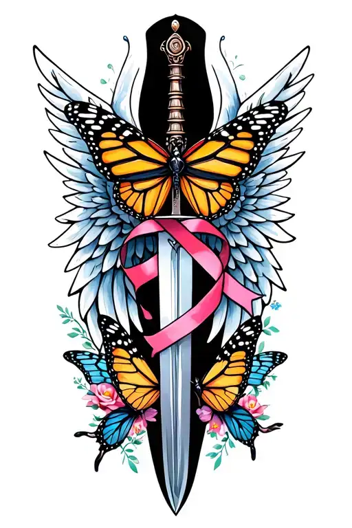 wings with sword with a cancer ribbon and monarch butterflies tattoo design idea