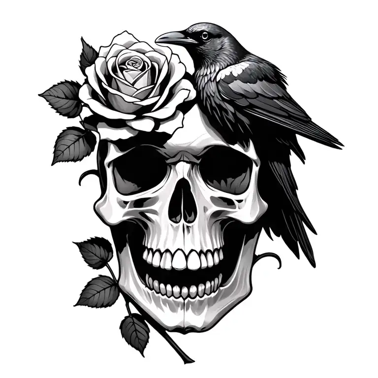 skull with rose growing from it and a raven perched tattoo design idea
