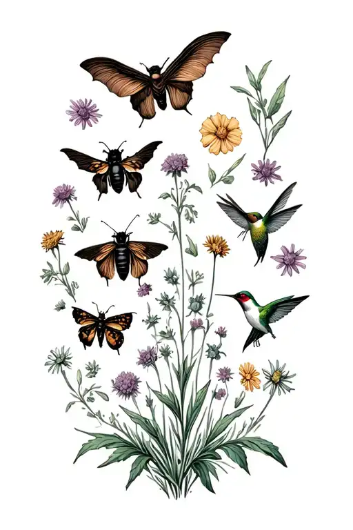 bumblebee, moth, swallowtail butterfly, brown bat, click beetle, & hummingbird among patch of wildflowers  tattoo design idea