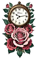 roses, clock with birth time m, daughters name incorporated tattoo design idea