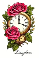 roses, clock with birth time m, daughters name incorporated tattoo design idea
