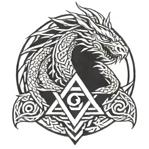 dragon wrapping a Valknut with celtic knot scales forming the shape tattoo design idea