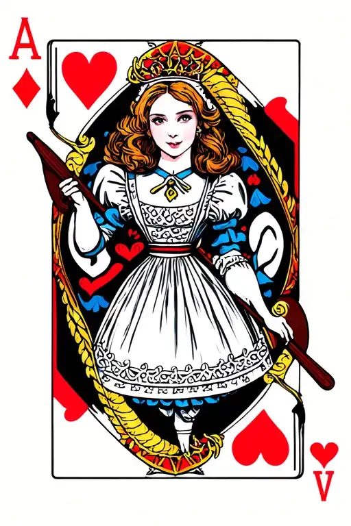 Lewis carol style drawing of Alice but as the Queen of Hearts, holding a dragonboat paddle. like a playing card tattoo design idea