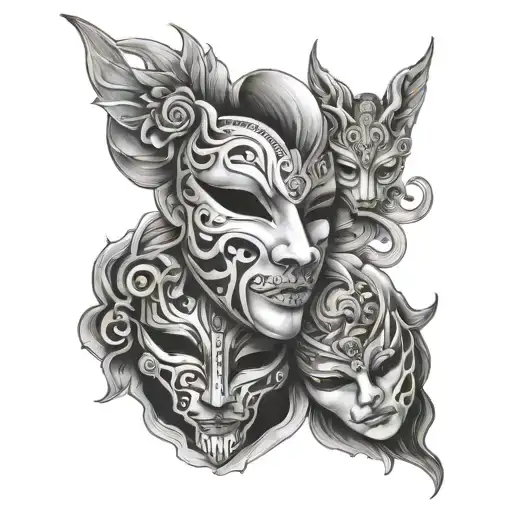3 different overlapping masks one tattoo design idea